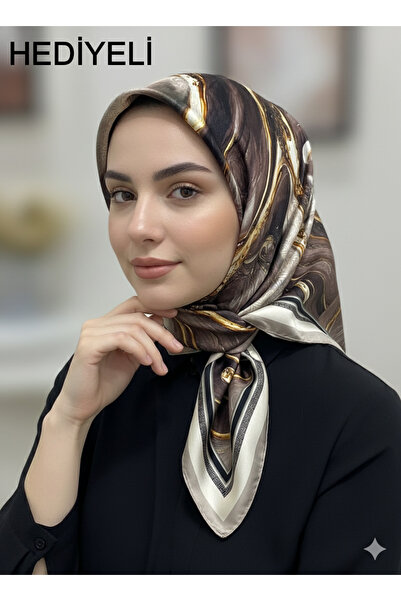 Picasso İpek Görünümlü Bej - Kahverengi Kristal Eşarp – Twill Şık Tasarım 90x90