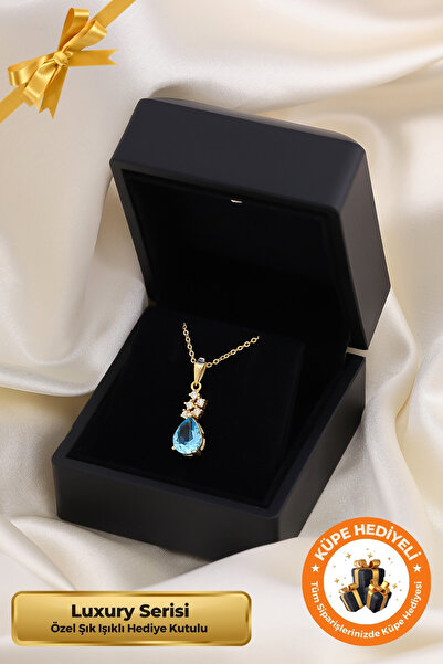 Lucente Jewellery Işıklı Hediye Kutulu Su Damlası 925 Ayar Gümüş Kaplama Yılbaşı Hediyesi Şık Kadın Damla Kolyesi