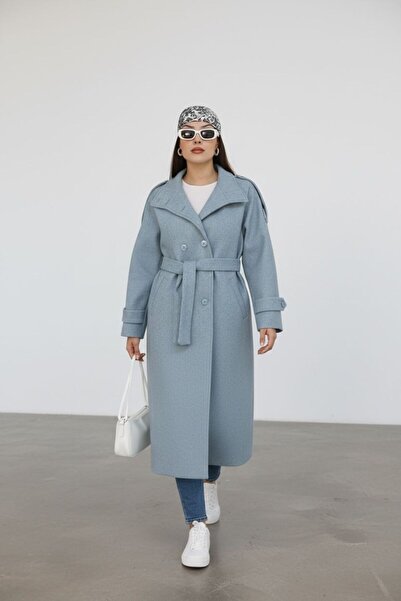 SLAY BUTİK Dik Yaka Dönüştürülebilir Yakalı Kuşaklı Uzun Kaşe Kaban