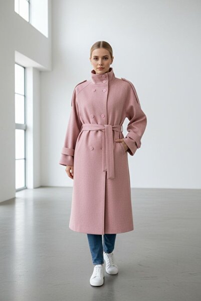 SLAY BUTİK Dik Yaka Dönüştürülebilir Yakalı Kuşaklı Uzun Kaşe Kaban