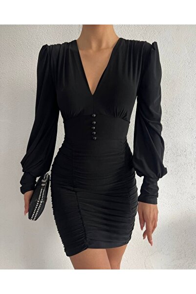 Modamorfo Μίνι αμμώδες φόρεμα με ελαστικό κουμπιά V λαιμόκοψη
