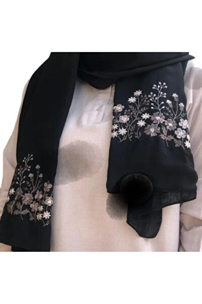 Veil Designer طرحة سودة بوال بقماش ياباني بتطريز ملون ورد و اغصان من الطرفين المقاس : 60 * 190