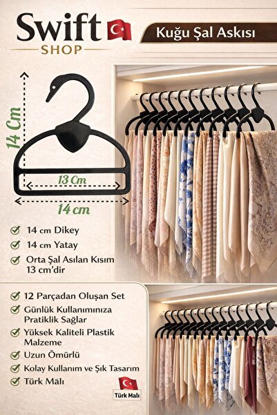 Genel Markalar Şal Eşarp Askısı Kaliteli Askı 12 Adet Siyah Şeffaf Kuğu ---/SİYAH/---