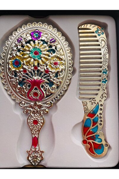 GALATA GIFT مجموعة مشط مرآة، علبة معدنية، طقم هدايا، فرشاة شعر مرآة 13 سم