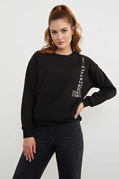 Fulla Moda 3 İplik Sportstyl3 Yazı Baskılı Bisiklet Yaka Sweatshirt