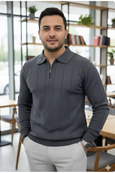LİBASSİNİ Men's Half Zip Polo Neck Seasonal Sweater Anthracite