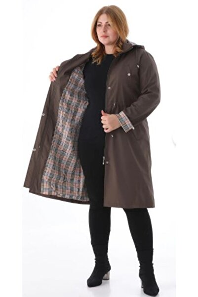 TUTveAL Collection Kadın Suya Dayanıklı Büyük Beden Trençkot Uzun Kapüşonlu Trençkot Bonded Kumaş İçi Ekoseli Trençkot
