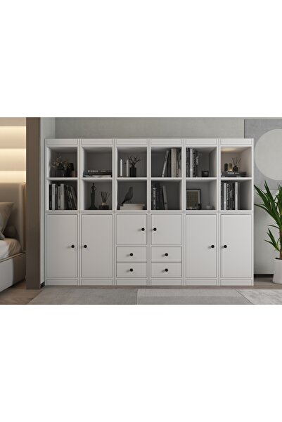 Nettrends 7 Kapakli Çekmeceli Kitaplik 200 Cm Beyaz Ktp-1347-Ç