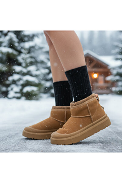 stato Kadın Taba Süet Yumuşak Deri Kürklü Kışlık Bağcıklı Bot