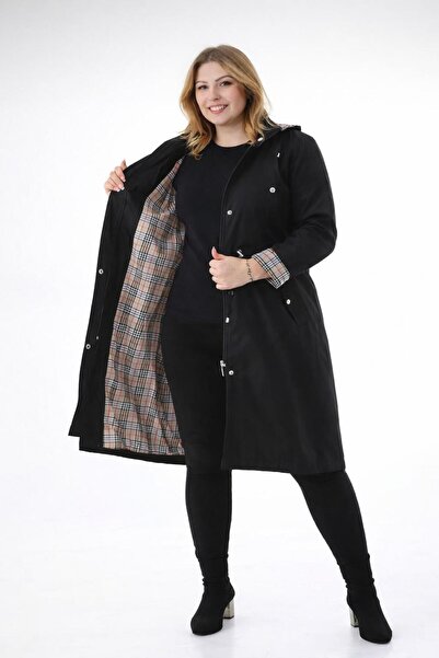 TUTveAL Collection Kadın Suya Dayanıklı Büyük Beden Trençkot Uzun Kapüşonlu Trençkot Bonded Kumaş İçi Ekoseli Trençkot