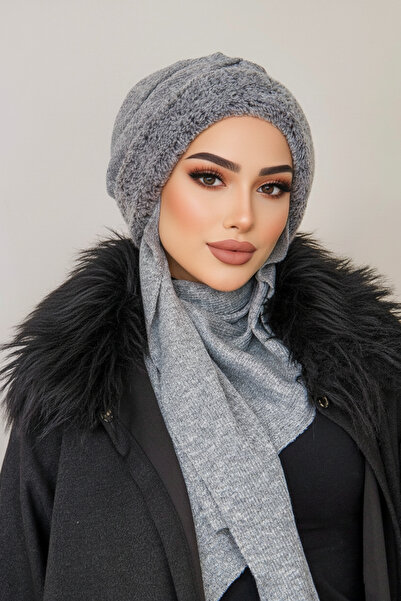 Aişe tesettür Gri Kürklü Kelebek Bone Şal