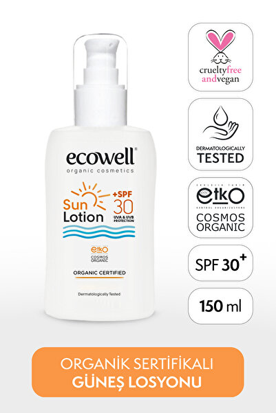 Ecowell Organik Güneş Losyonu, 30 Spf, Vegan Sertifikalı, Mineral Filtre Yüz Ve Vücut, Uva Uvb Koruma 150 ml