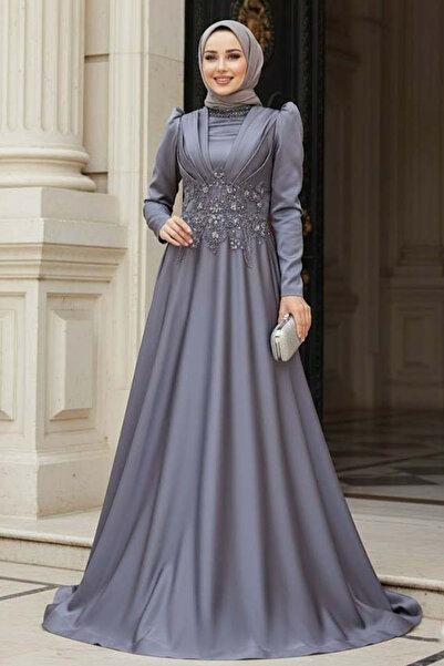 Neva Style فستان سهرة من الساتان باللون الأزرق النيلي مطرز بالخرز 22640IM