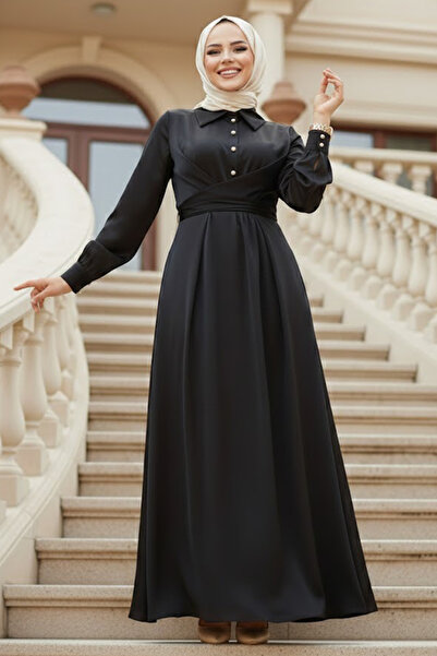 Neva Style Black Satin Hijab Dress - Button Detail, Model 45661S