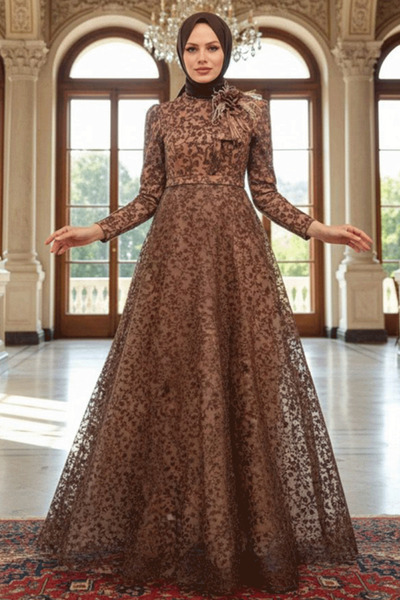 Neva Style Lace Brown Hijab Evening Dress 22421Kh