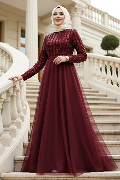 Neva Style فستان سهرة مطرز بالترتر باللون العنابي 5338BR