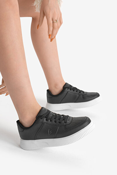 Tonny Black Women's Black and White Thick Faylon Sole Plain Patterned Lace-Up Sports Shoes