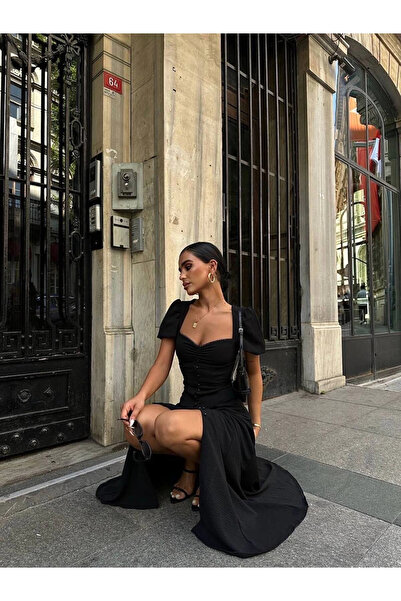 VİSKALİ Düğme Detaylı Puff Kol Yırtmaçlı Elbise