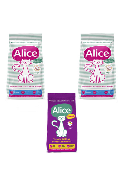 Alice Light & Sterilised Somonlu Karidesli 2 X 1 Kg Ve Smart Kedi Maması 1 Kg
