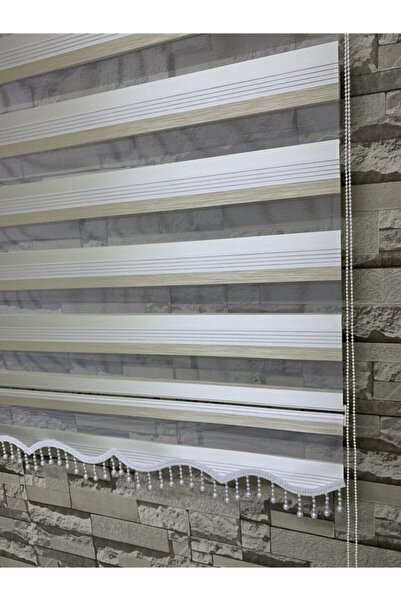 PERDECİNİZ Krem Beyaz Geçişli Zebra Perde (etek Boncuklu) EN XBOY