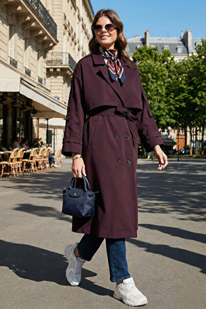 Lela Oversize Fit Kruvaze Yaka Düğmeli Kemerli Uzun Trençkot TRENÇKOT 6839476