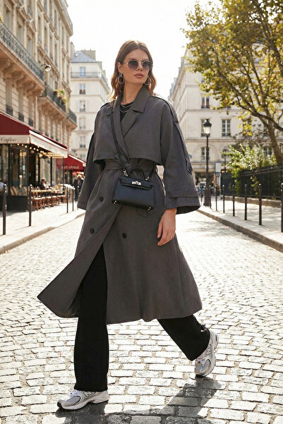 Lela معطف طويل فضفاض بياقة مزدوجة وأزرار وحزام 6839476