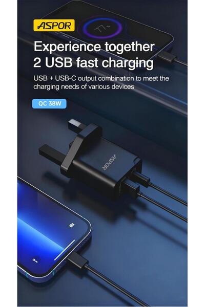 Aspor A826 Wall Charger with USB Port, QC3.0 Fast Charging, and PD Port, 38W, Black