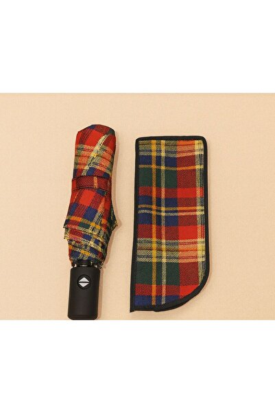 NIGHTSUN Otomatik Special Kumaş Ekose 10 Telli Katlanır Şemsiye Kırmızı