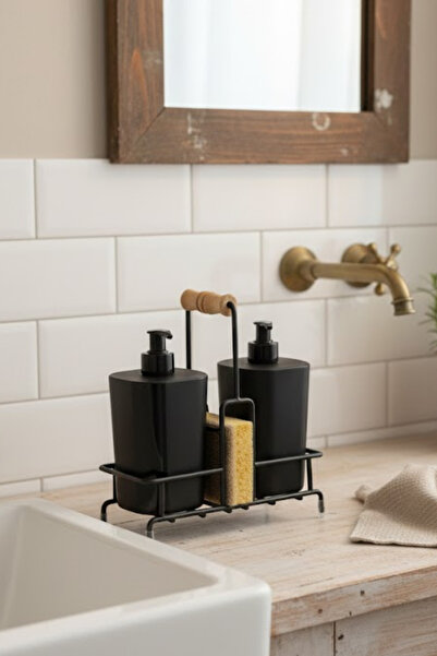 grimorlife Black Begonia Bleach and Liquid Soap Dispenser Bathroom Set with Metal Stand - Sponge Gift