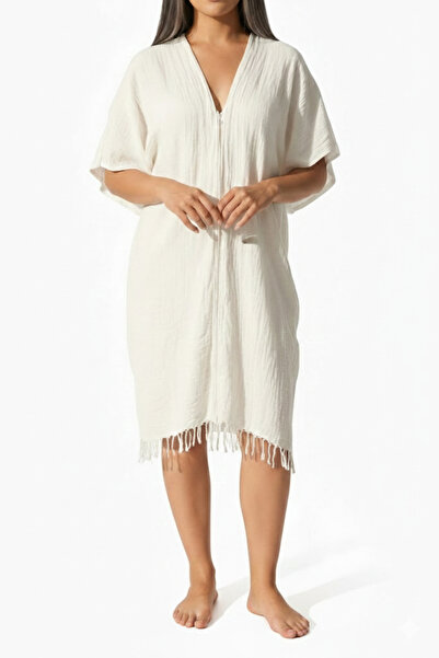 Blue Burgeon EKRU STANDART BEDEN KADIN MÜSLİN BAĞLANABİLİR YIRTMAÇLI PLAJ ELB...