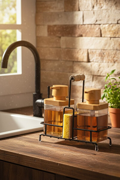 grimorlife طقم مطبخ بتفاصيل خشبية من خشب الميموزا مع منظف الأطباق وموزع الصابون السائل - إسفنجي وشفاف