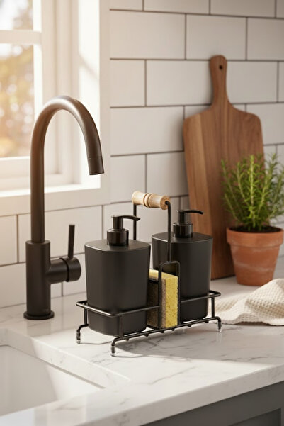 grimorlife Metal Standlı Siyah Begonya Bulaşık Deterjanı ve Sıvı Sabunluk Mutfak Seti-Sünger Hediyeli