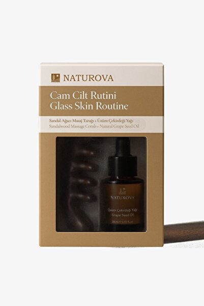 NATUROVA روتين البشرة الزجاجية، مشط تدليك من خشب الصندل وزيت بذور العنب 30 مل، كيس هدايا