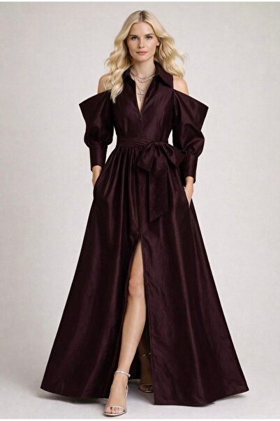 MERT ERKAN Omzu Açık & Önden Fermuarlı Tafta Maxi Gömlek Elbise