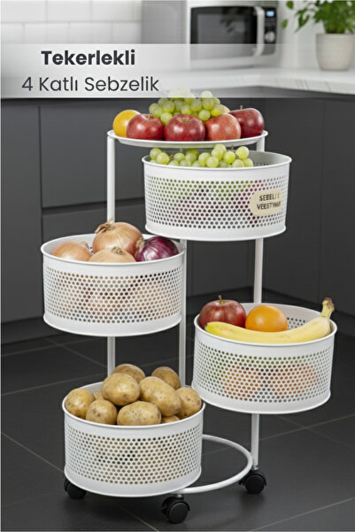 Orvila 4 Katlı Tekerlekli Tepsili Kule Sebzelik Açılır Metal Patates Soğan Me...