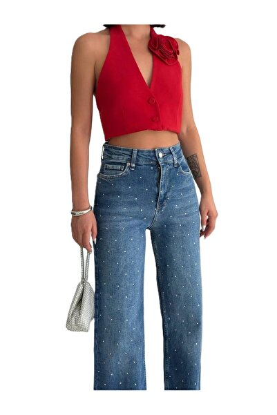 ParlaMira بنطلون جينز نسائي عالي الخصر من الحجر الأزرق قماش قابل للتمدد