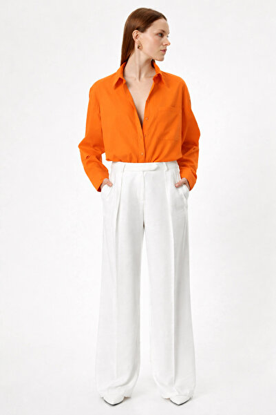 RAMİOR COLLECTION Women's Orange Linen Shirt – Comfortable Fit, Long Sleeves, Buttoned Basic Model