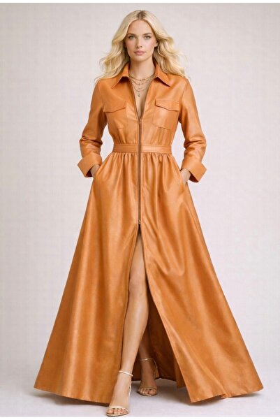 MERT ERKAN فستان قميص طويل من التفتا مع سحاب أمامي وتفاصيل عملية