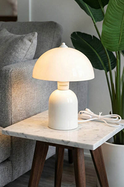 Marrien Luna Abajur | Krem Metal Gövdeli - 25 cm - Oturma Odası & Yatak Odası & Salon Aydınlatma