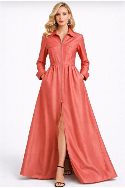 MERT ERKAN فستان قميص طويل من التفتا مع سحاب أمامي وتفاصيل عملية