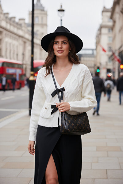 Lela Premium Regular Fit V Neck Bow Tie Detail Knit Patterned Knitwear Cardigan Cardigan 680Kz194