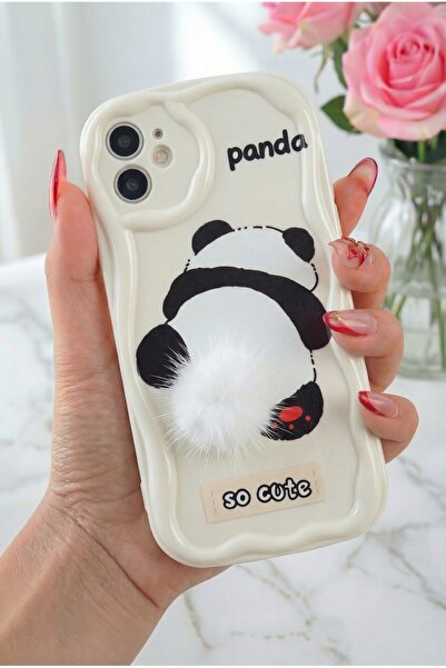 Fibaks İphone 11 Uyumlu Kılıf Tasarımlı Desenli Kamera Korumalı Panda Beyaz Püsküllü Silikon Kapak