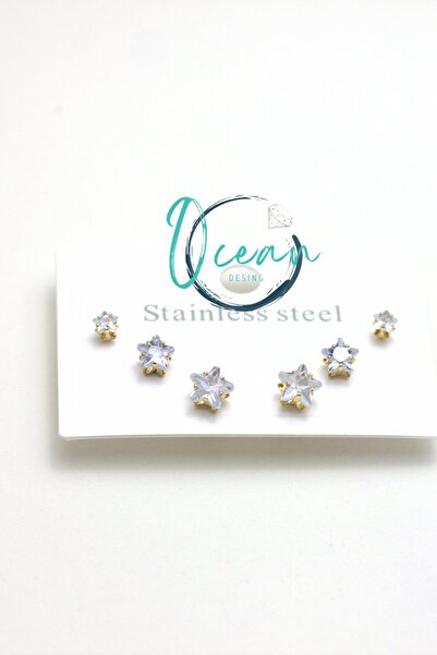 OCEANDESING Çelik Gold Renk Zirkon Taşlı Yıldız Model Kadın Küpe Seti – Karar...