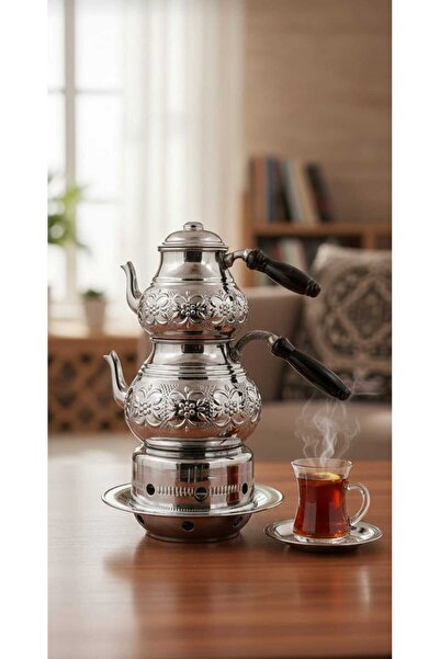 Yıldız çelik إبريق شاي كبير مع موقد من النيكل العثماني مع زهرة نحاسية