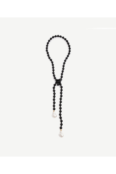 Yargıcı Long Necklace with Onyx Stone and Mallorca Pearl