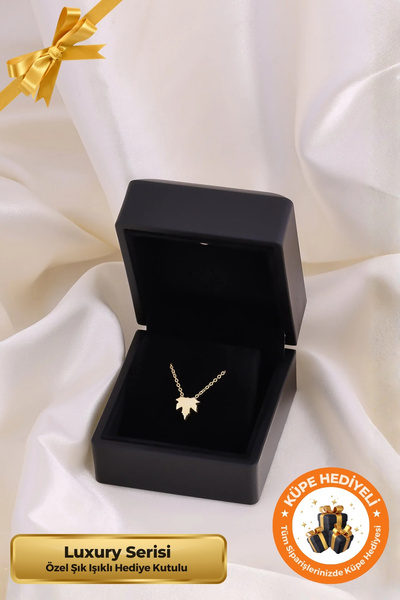 Lucente Jewellery Luxury Serisi Işıklı Hediye Kutulu 925 Ayar Altın Gümüş Kaplama Çınar Yaprağı Kolye