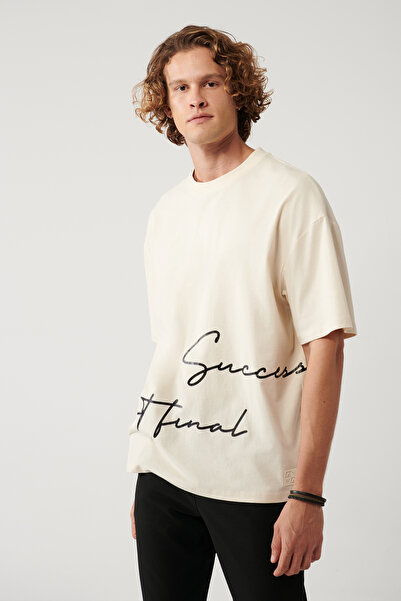 Avva Erkek Bej %100 Pamuk Bisiklet Yaka Baskılı Oversize Fit T-Shirt A41Y1038
