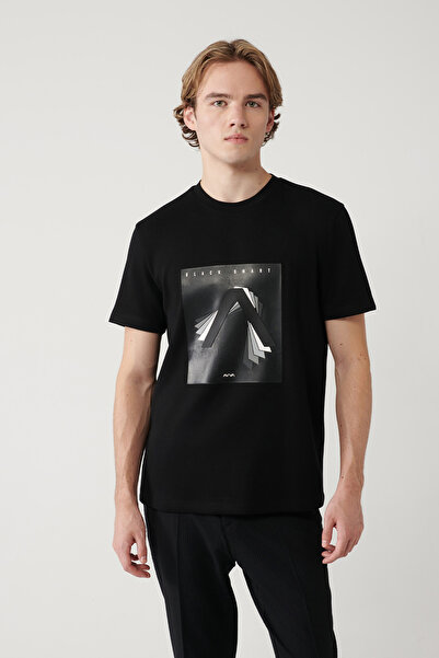 Avva Tricou negru pentru bărbați, cu decolteu rotund, imprimat, interlock, cu...