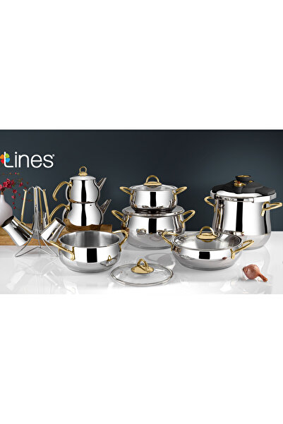 Lines Zeycan 18 Parça Clipso Paslanmaz Çelik Tencere Çeyiz Seti Dik Taban-gold