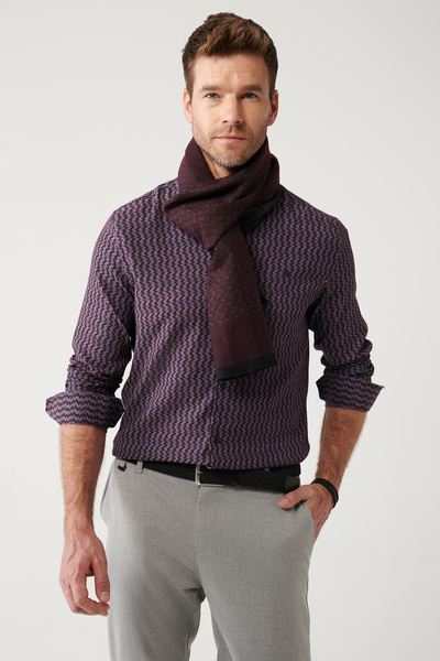 Avva Herren-Hemd aus flexibler Baumwolle mit bordeauxrotem Knopfkragen, gemustert, A32y2145